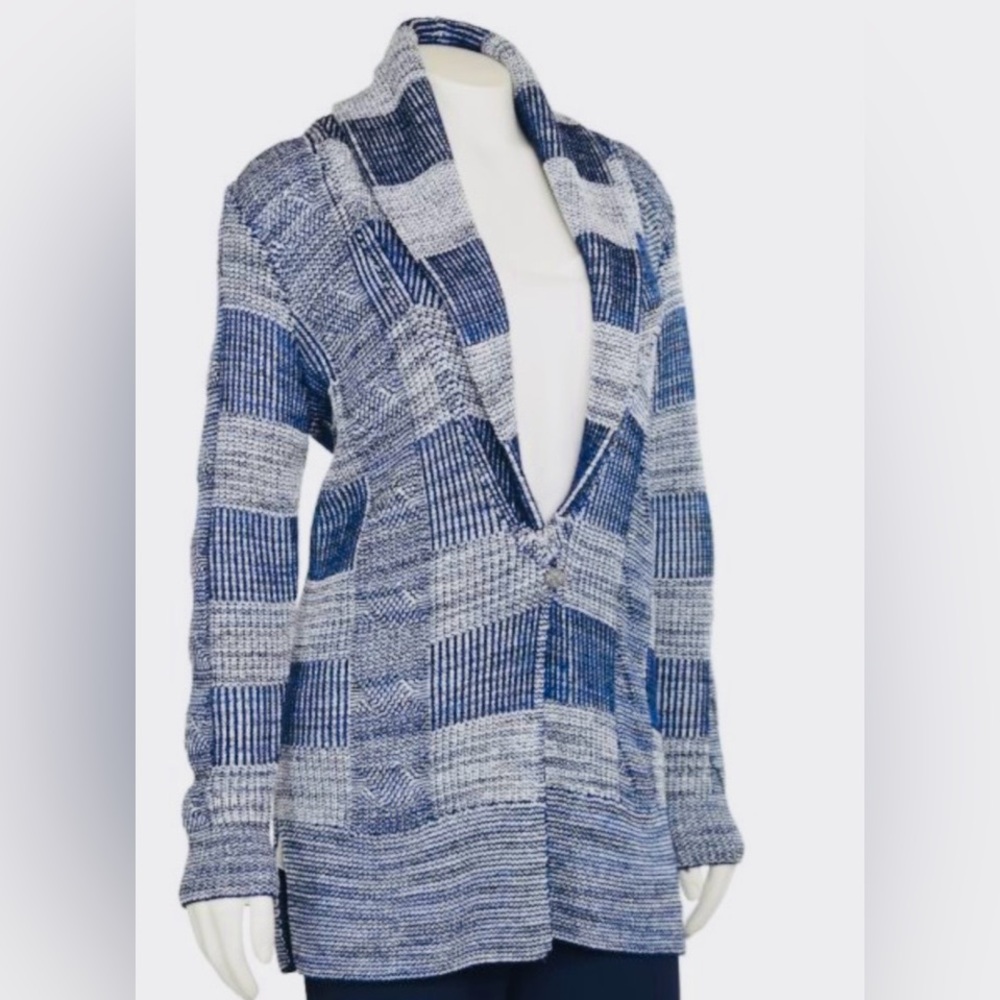 St. John Vivid Denim Multi Knit Wool Blend Cardigan Sweater Medium